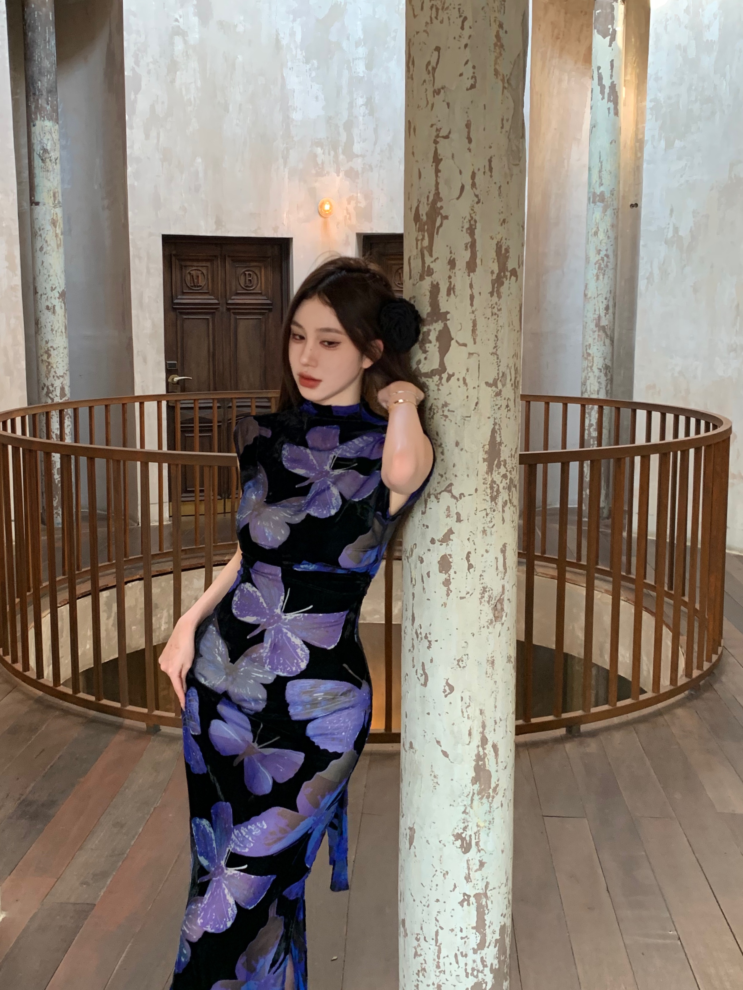 Actual shot of velvet lace cheongsam long dress, spring slim fit French style dress