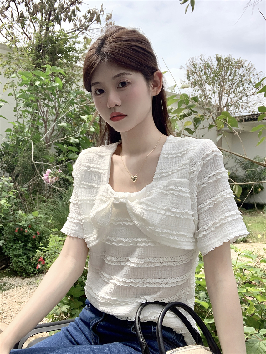 實拍 洋氣方領減齡花邊拼接短袖春季2024新款修身顯瘦上衣女裝