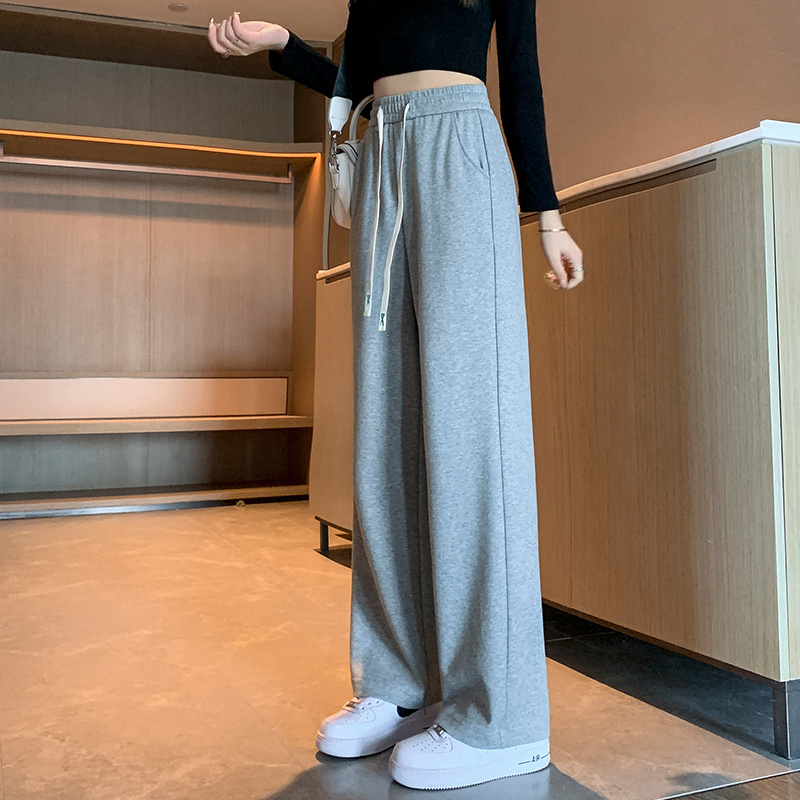 6535米尼高腰垂感闊腿褲女春秋拖地顯瘦直筒運動褲
