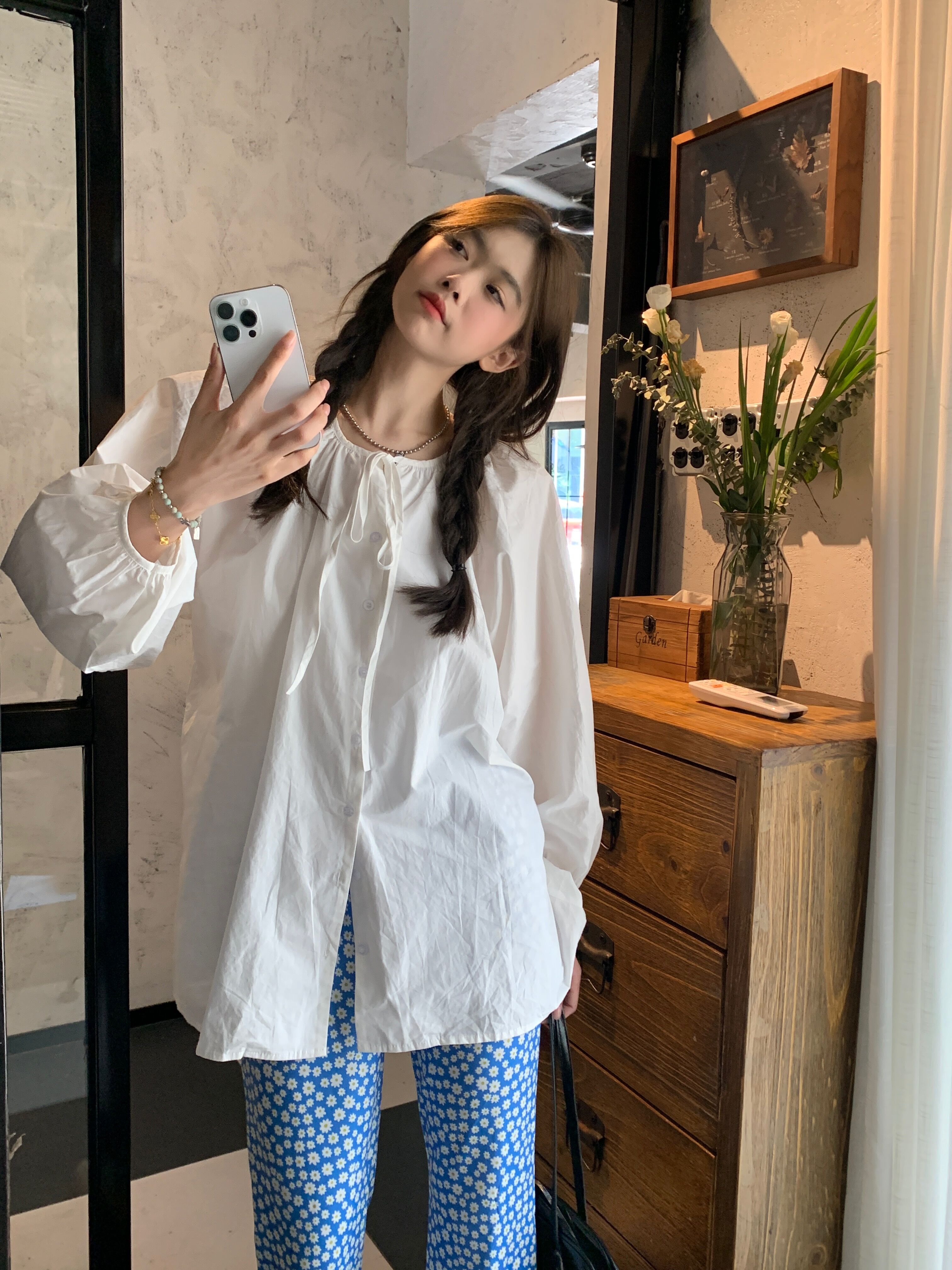 Actual shot of new puff-sleeved white strappy long-sleeved shirt + blue floral slightly flared casual pants