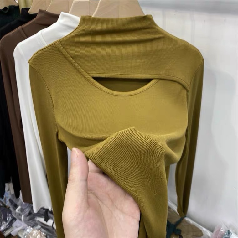 European design hollow chest half-high collar long-sleeved T-shirt women's autumn new style inner layering shirt trendy