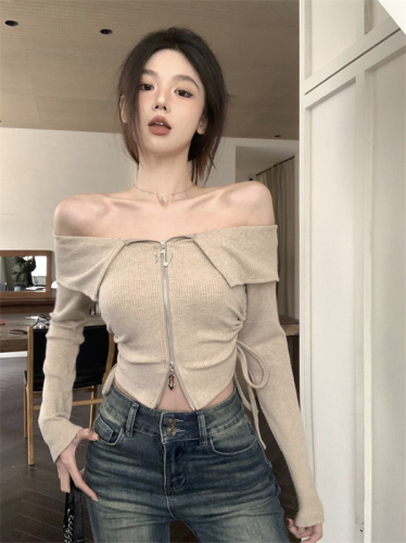 Actual shot of spring and summer new American retro long-sleeved T-shirt for hot girls pure lust style drawstring chic bottoming top