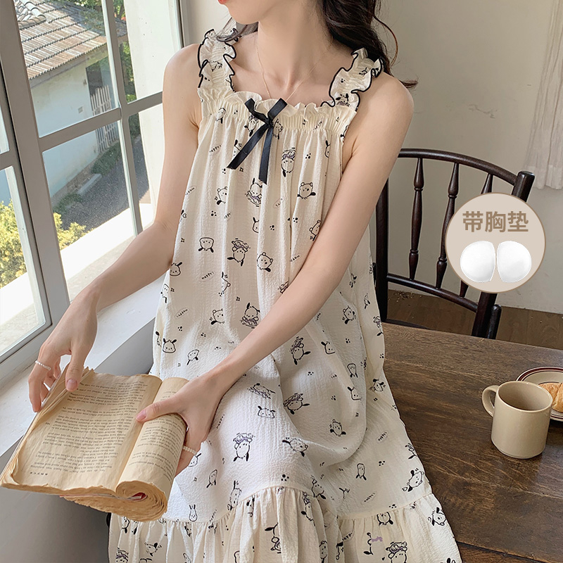 韓版吊帶睡裙少女夏季泡泡棉甜美可愛公主風帶胸墊寬鬆大碼睡衣裙