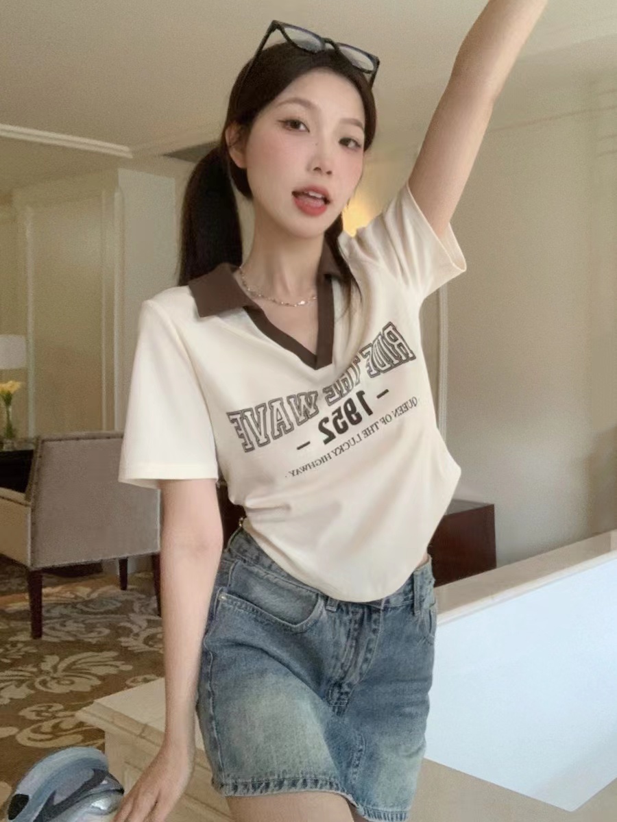 韓版辣妹撞色polo領短袖t恤女夏印花修身短款正肩上衣夏季T恤