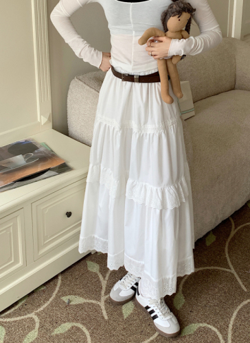 Actual shot of sweet and cool double repair heavy industry hollow lace splicing white long skirt umbrella skirt skirt with lining