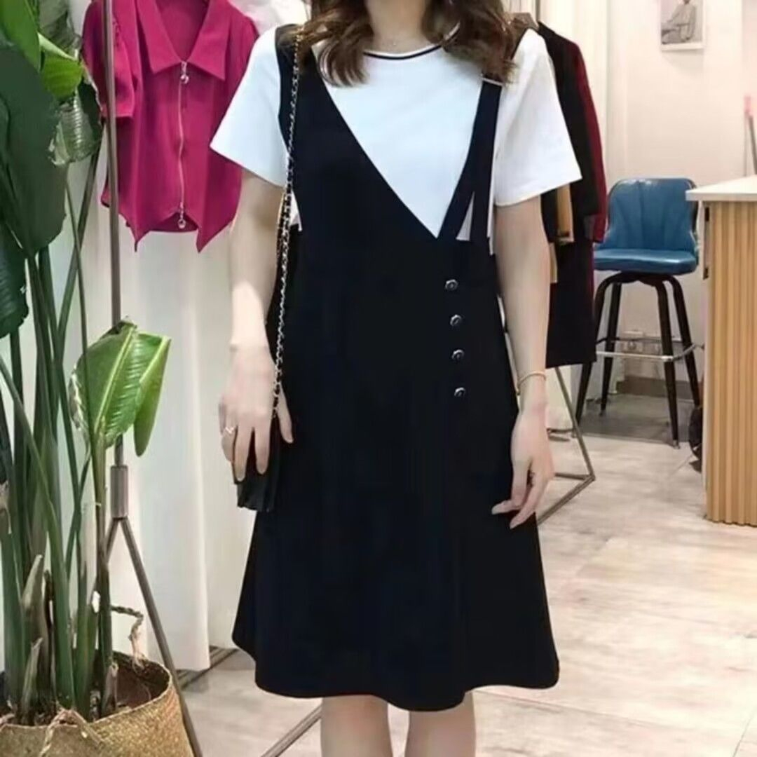 假兩件連衣裙短袖女士2024夏季新時尚拼接氣質顯瘦中長款純色裙子