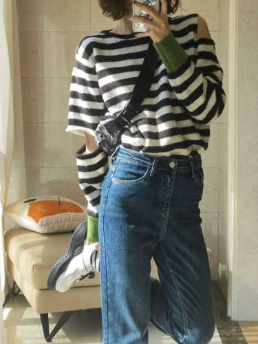 Salt style outfit niche design cigarette pipe splicing jeans high waist sweet spicy pencil pants