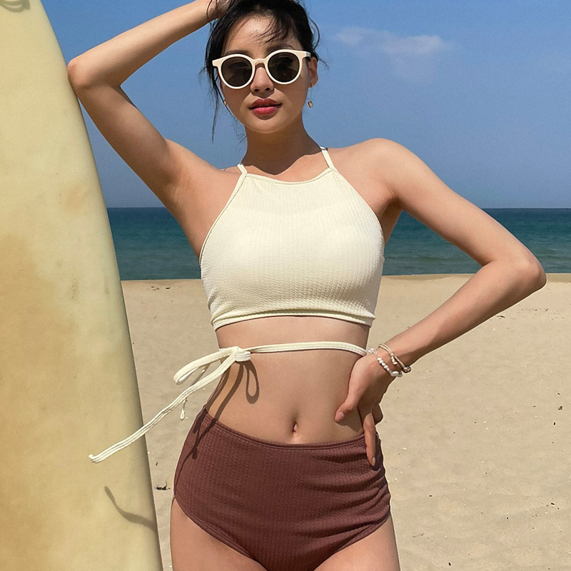 New style split swimsuit for women, conservative slimming, high-waisted two-piece set for small breasts, push-up halter neck bikini, spa for women