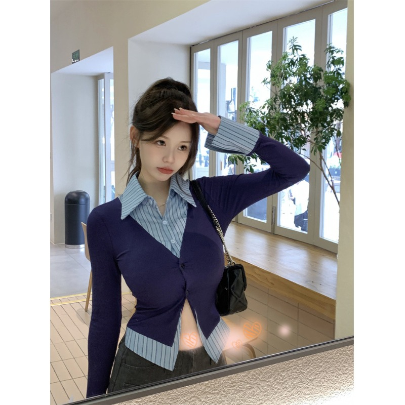 甜辣少女感條紋假兩件長袖襯衫女早秋新款韓版設計感修身短款上衣