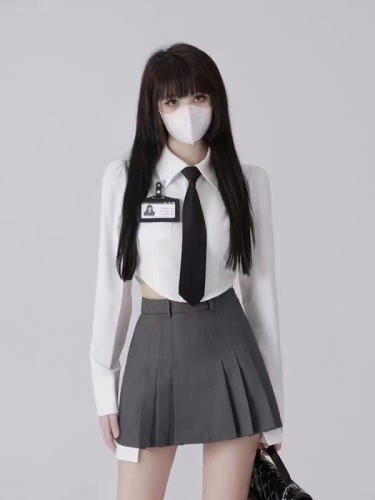 2024甜酷辣妹韩系学院风套装女宽松jk领带衬衫