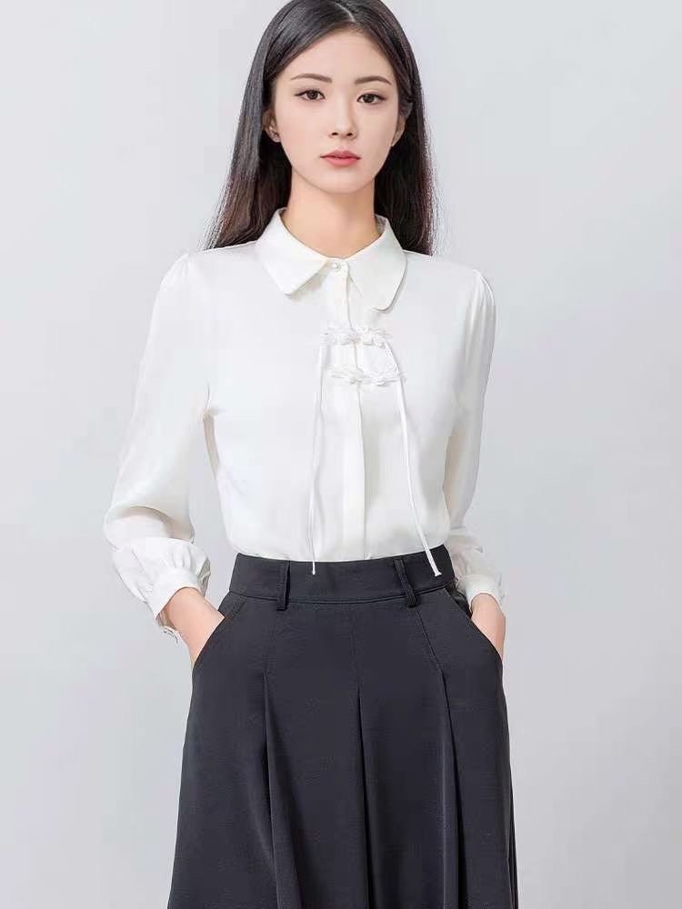 2024春季新款白色新中式復古襯衫女設計感氣質簡約百搭上衣