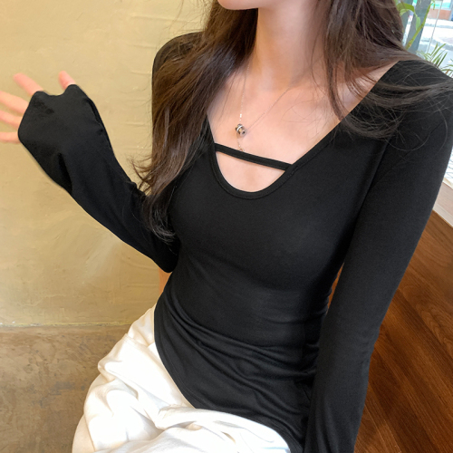 Actual pictures of hot girls slim fit black asymmetrical design slim bottoming women's autumn and winter new long-sleeved T-shirt