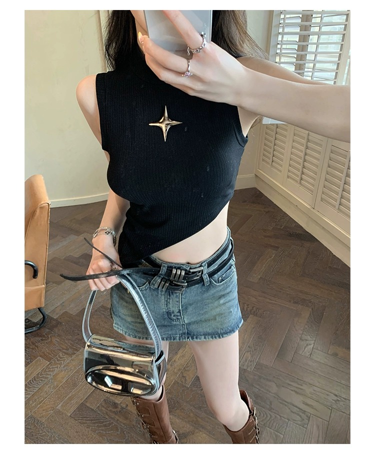 美式復古街頭高領金屬小標不規則高領背心修身顯瘦百搭小眾上衣