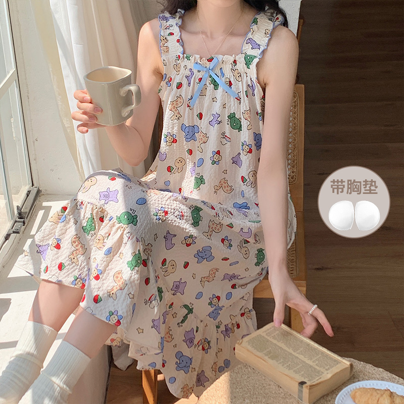 韓版吊帶睡裙少女夏季泡泡棉甜美可愛公主風帶胸墊寬鬆大碼睡衣裙