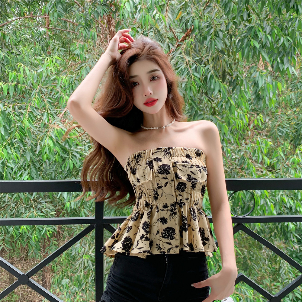 Hot girl one-shoulder floral camisole women's outer wear summer sexy short sleeveless inner tube top