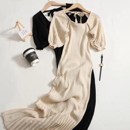 High-end knitted dress for women, new summer style, gentle style, solid color straps, puff sleeves, hip-covering long skirt