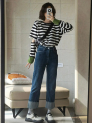Salt style outfit niche design cigarette pipe splicing jeans high waist sweet spicy pencil pants