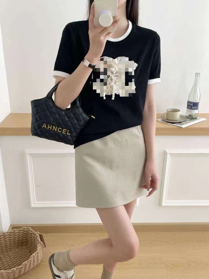 重工刺繡珍珠蝴蝶結短袖針織衫女夏季洋氣顯瘦打底衫時髦冰絲上衣