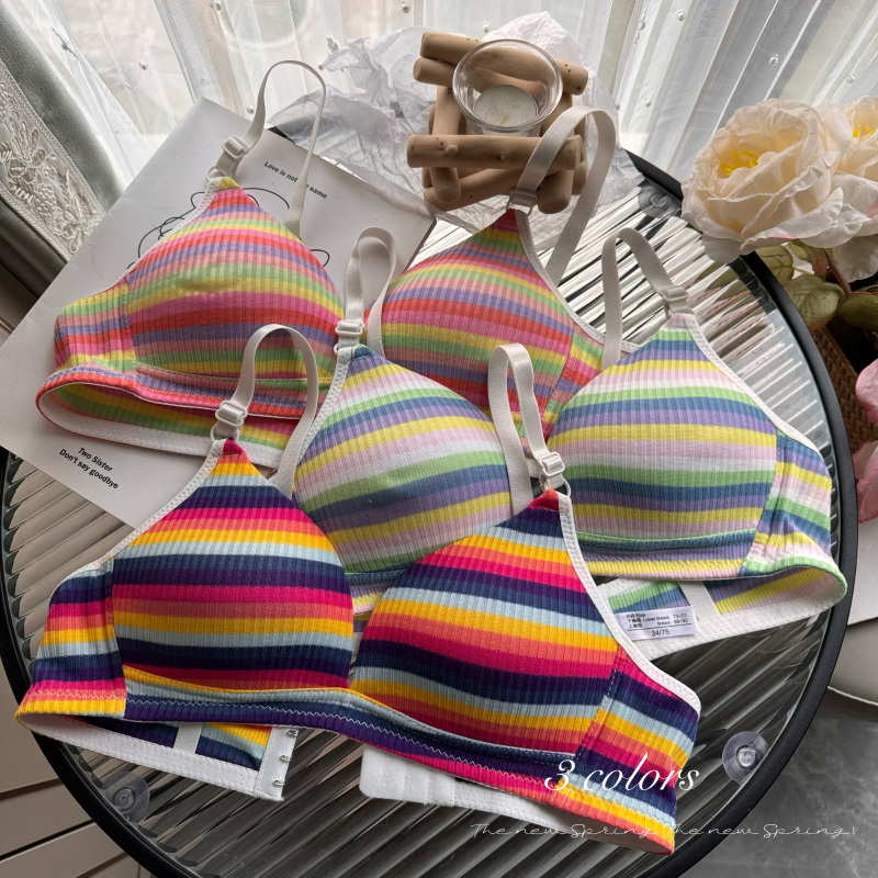 實拍 甜美拼色肌理感條紋文胸女無鋼圈聚攏收副乳學生內衣