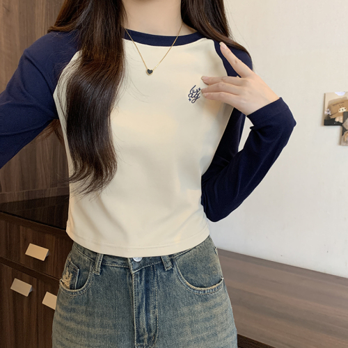 Real shot of spliced ​​embroidered T-shirt long-sleeved early spring new versatile raglan sleeves right shoulder bottoming short top