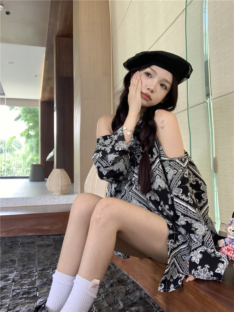 實拍名族風復古露肩顯瘦韓系氣質小個子防曬襯衫