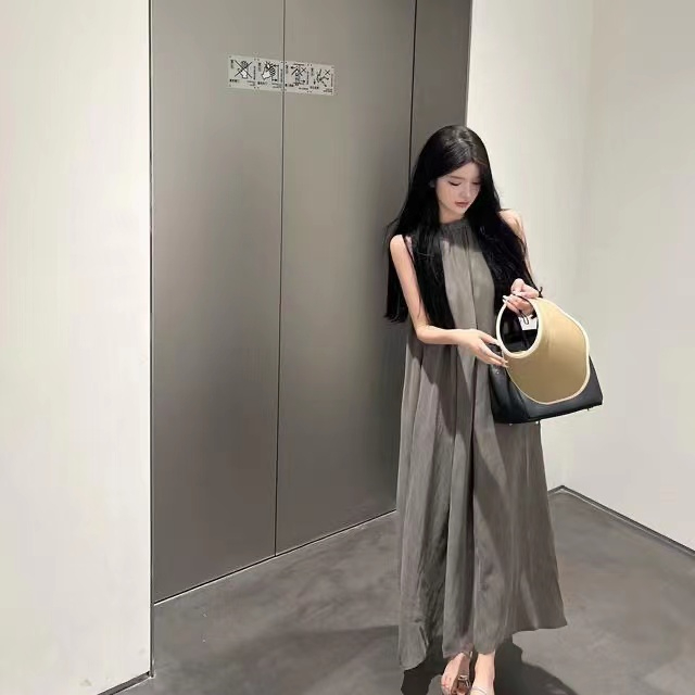 High-end design matte cupro silk lazy dress off-shoulder silky halter neck sleeveless dress