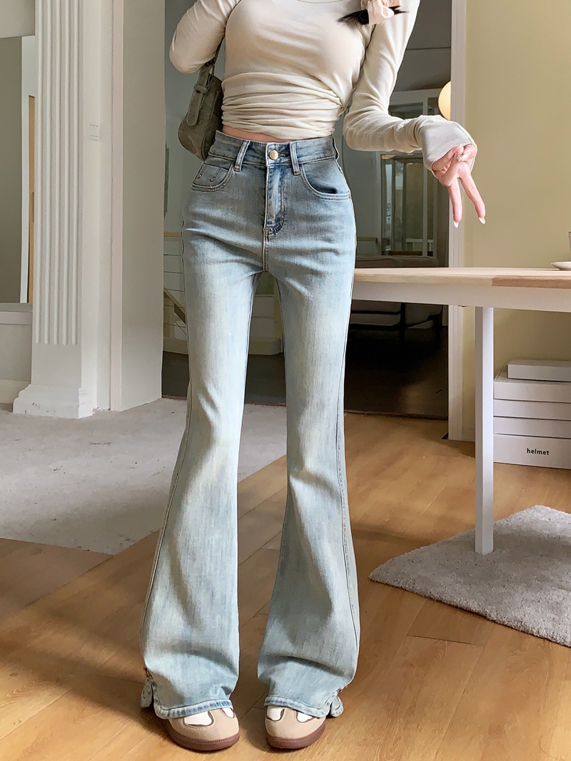 實拍#新款微喇叭牛仔長褲女設計感設計感開叉闊腳拖地褲子
