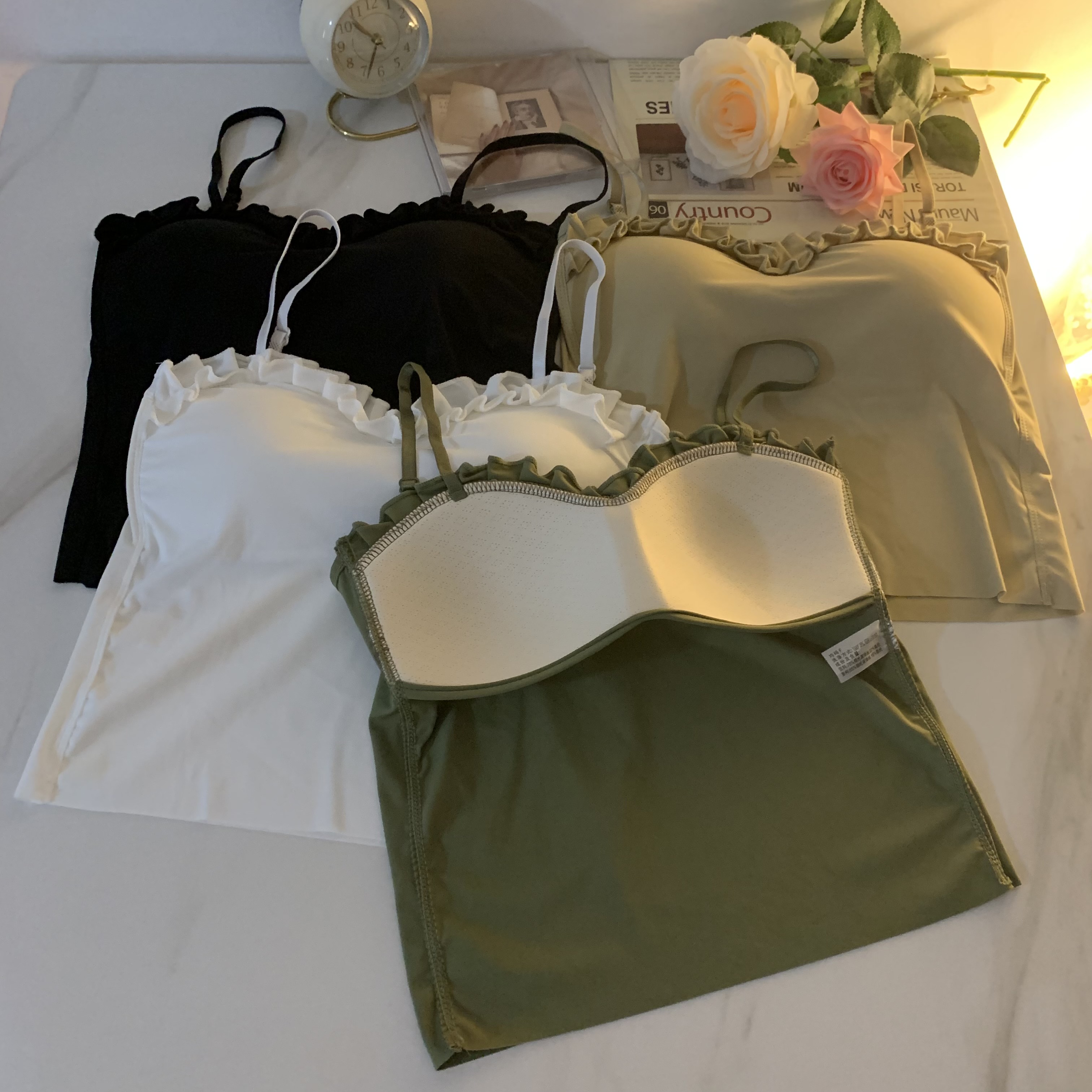 實拍春季冰絲木耳花邊吊帶背心女固定杯裹胸內搭外穿美背內衣