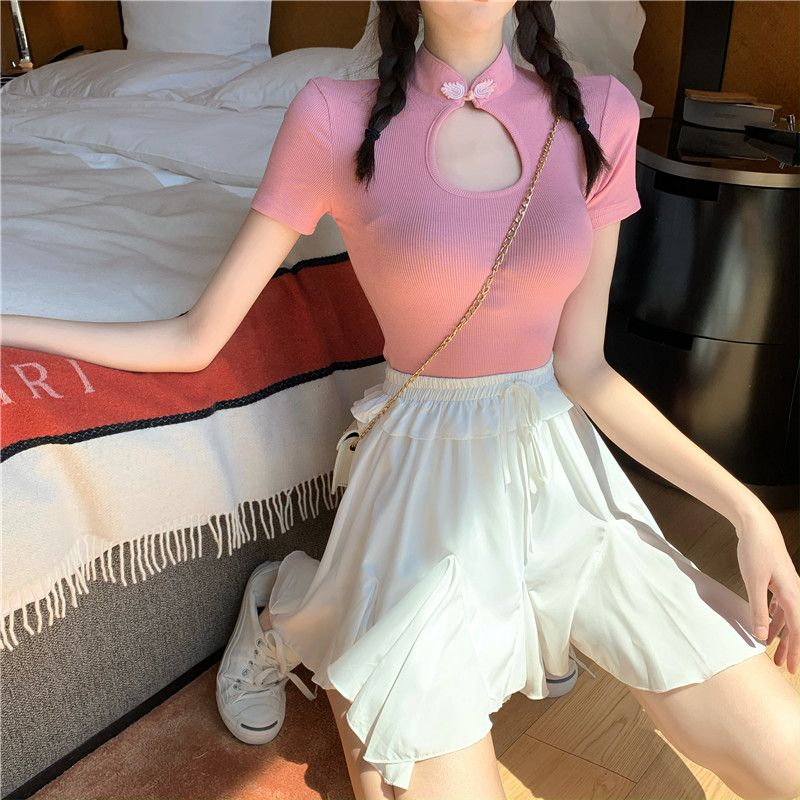 復古蝴蝶結鏤空立領短袖t恤女辣妹短款打底衫女內搭緊身上衣