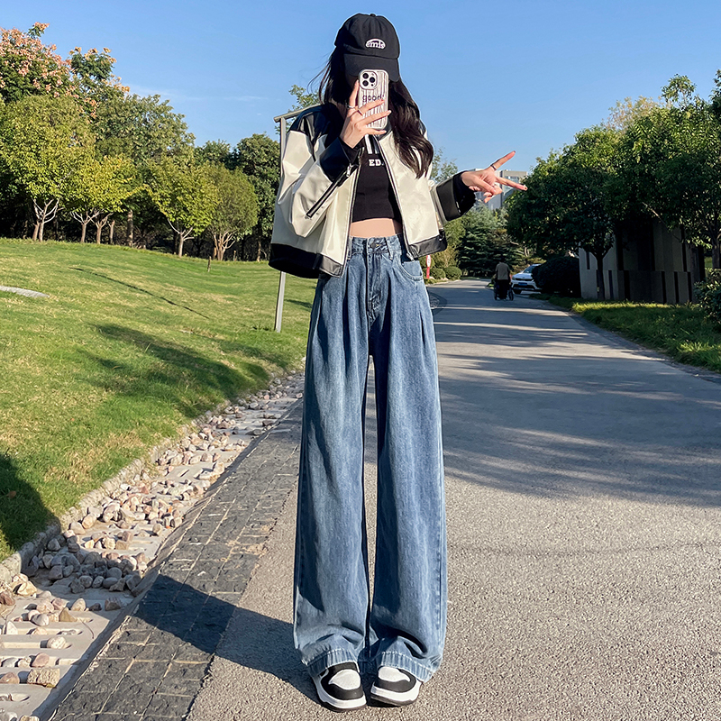 實拍 闊腿牛仔褲女2024春季新款高腰寬鬆直筒拖地褲子