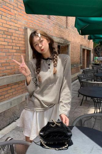 Real shot ~ Striped T-shirt for women, loose design niche inner layering shirt