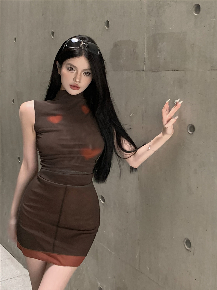 Real shot!  American retro hot girl love mesh printed vest high waist skirt two-piece suit