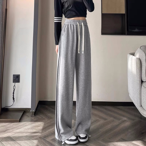 Gray wide-leg pants for women 2024 spring and summer new casual striped drawstring sweatpants, Xiaohongshu