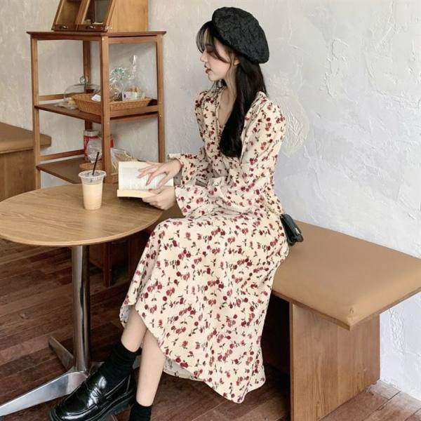Temperament Floral Dress Women's 2024 Autumn New Design Niche Waist Slimming Mid-Length Platycodon Skirt