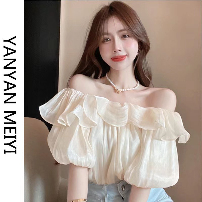 Pure lust temperament one-shoulder shirt women's design niche top ruffled style off-shoulder chiffon shirt summer