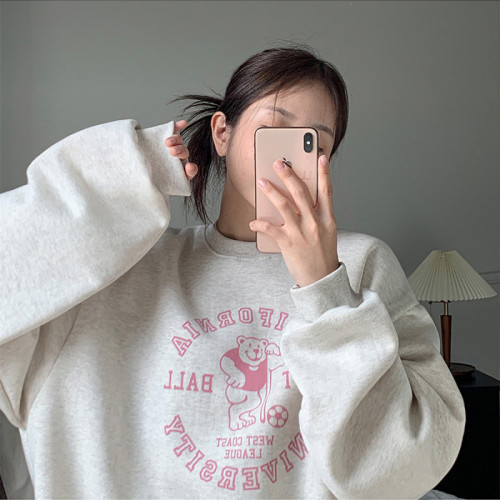 Official photo Chinese cotton composite thin 310g/plus velvet 410g autumn and winter sweatshirt for women with printed loose large size