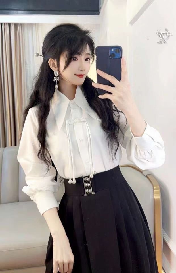 2024春季新款白色新中式復古襯衫女設計感氣質簡約百搭上衣