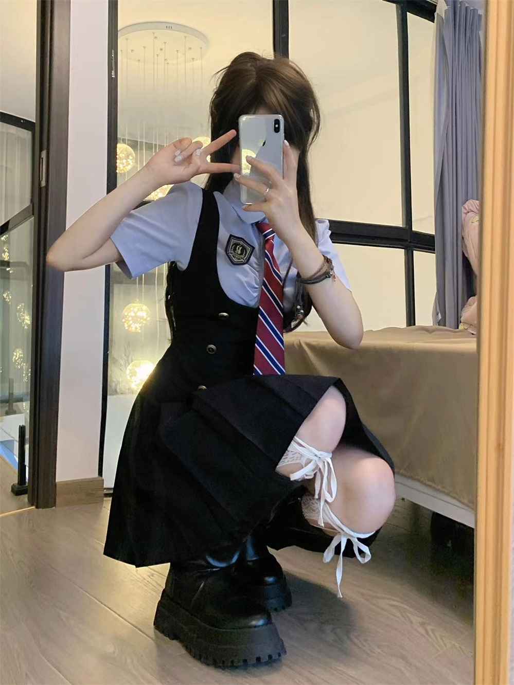 韓式甜辣jk制服學院風兩件套夏季顯瘦收腰短袖襯衫紺色連衣裙套裝