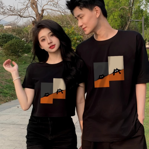 Different and special couple's summer short-sleeved T-shirts, one long and one short 2024 new high-end suit Internet celebrity
