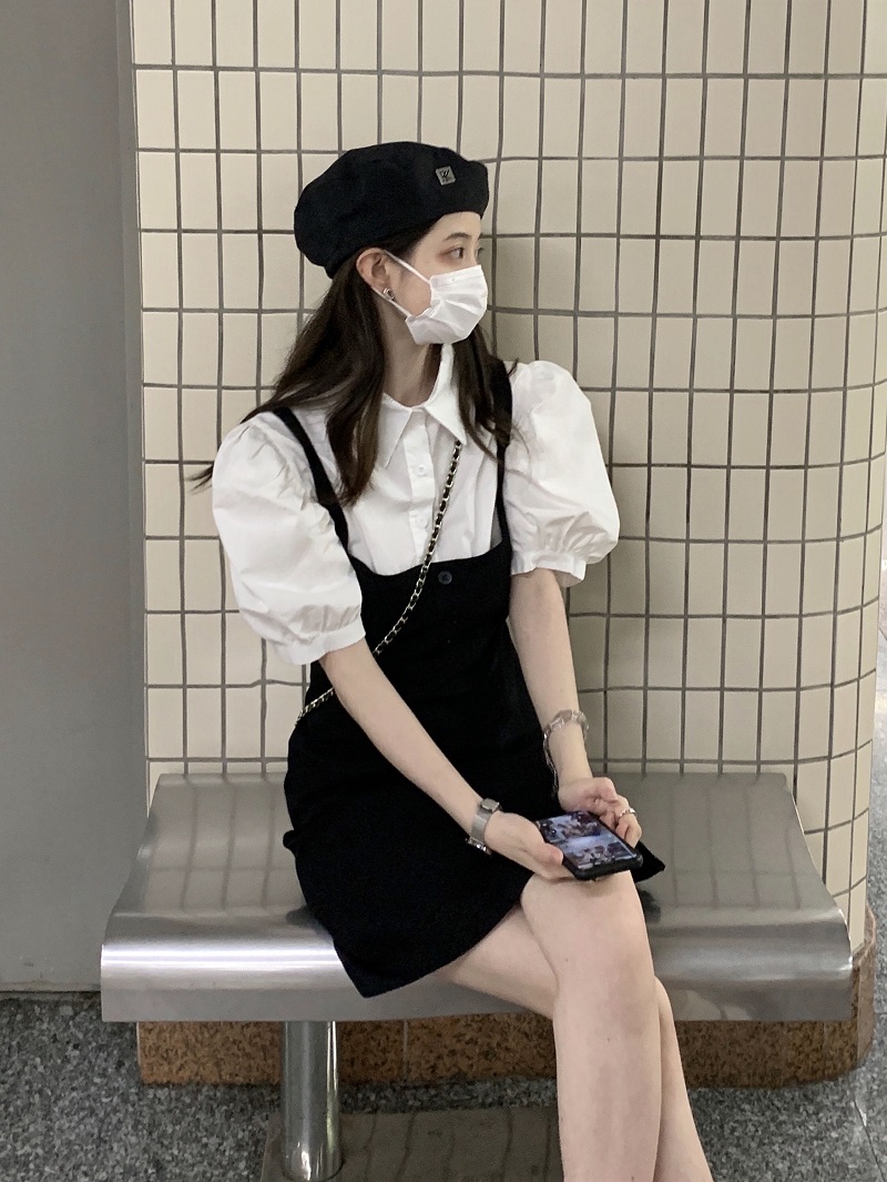 實拍~法式甜美少女感泡泡袖襯衫+背帶連衣裙套裝