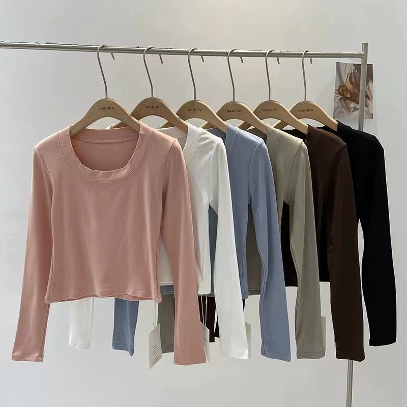 Hot girl coffee color U-neck long-sleeved T-shirt for women 2024 spring new short style slim slim and western-style bottoming shirt trendy top