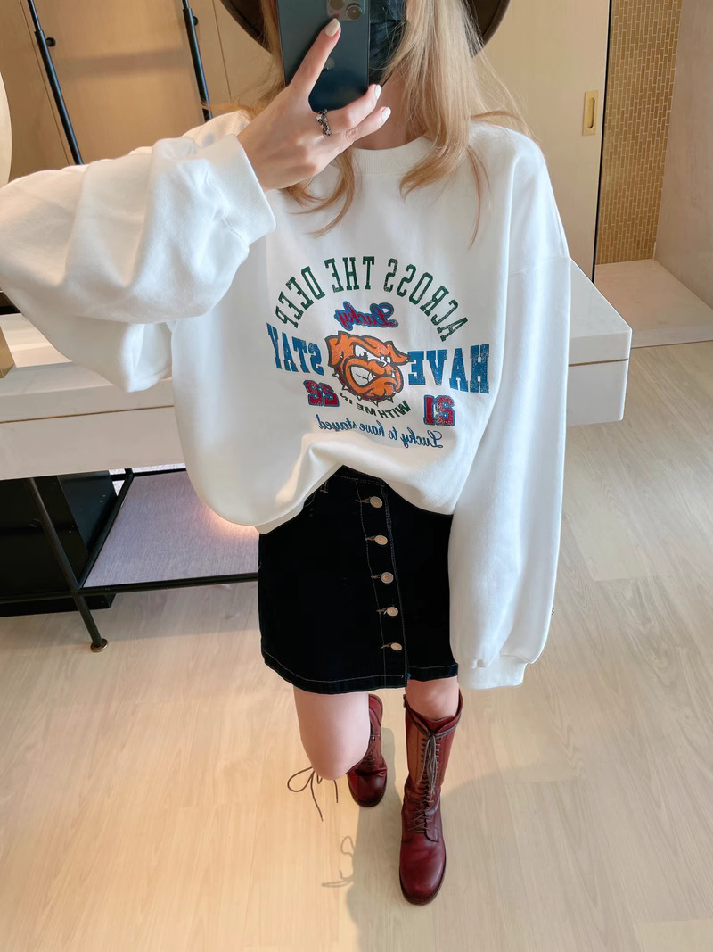 Official photo Chinese cotton composite thin 310g/plus velvet 410g autumn and winter sweatshirt for women with printed loose large size