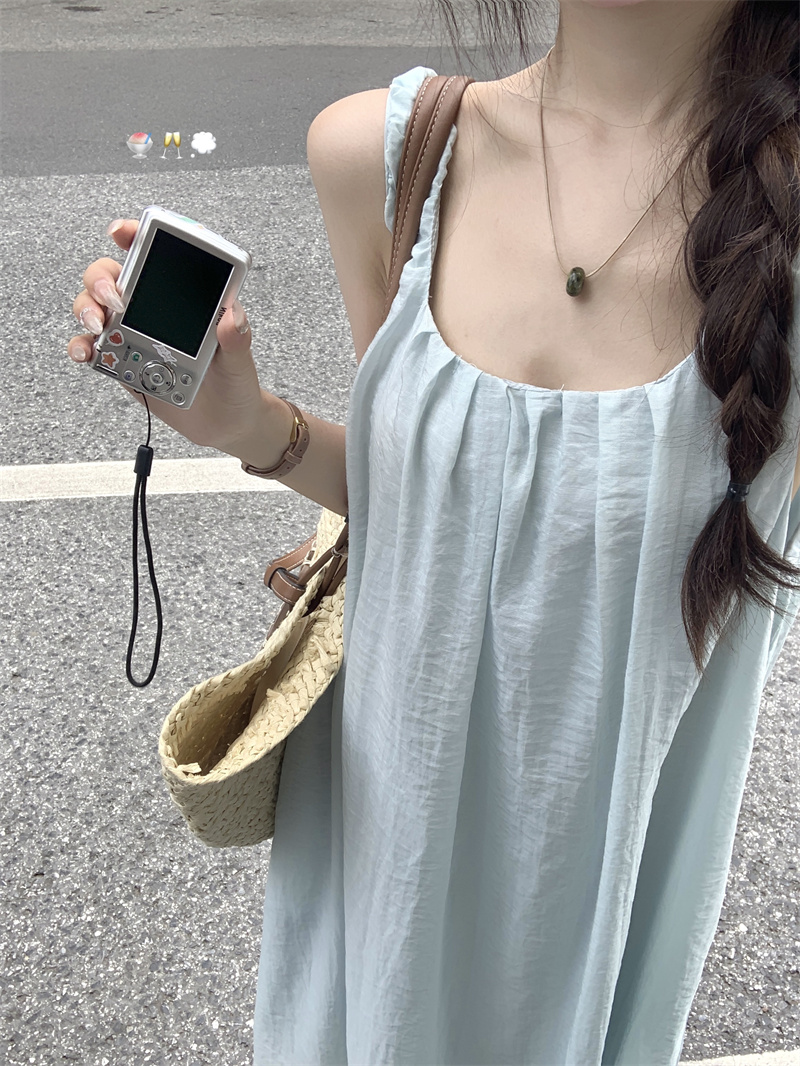 Real shot ~ uma style blue high-end long dress holiday beach suspender skirt