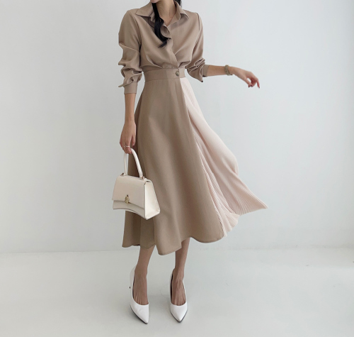 Size update Korean chic spring light luxury fashion temperament niche color matching waist slimming shirt dress