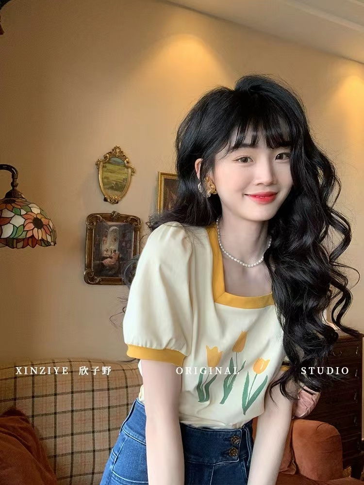 Xinziye Daisy retro Hong Kong style niche design top chic summer style short-sleeved T-shirt for women