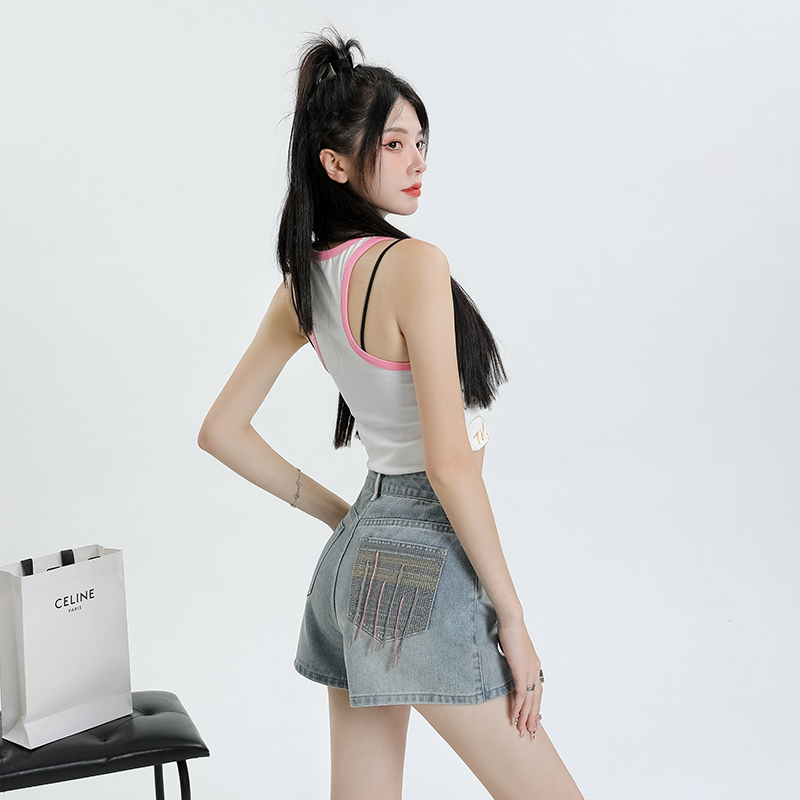 實拍2024夏季時尚新款個性高腰闊腿牛仔短褲女