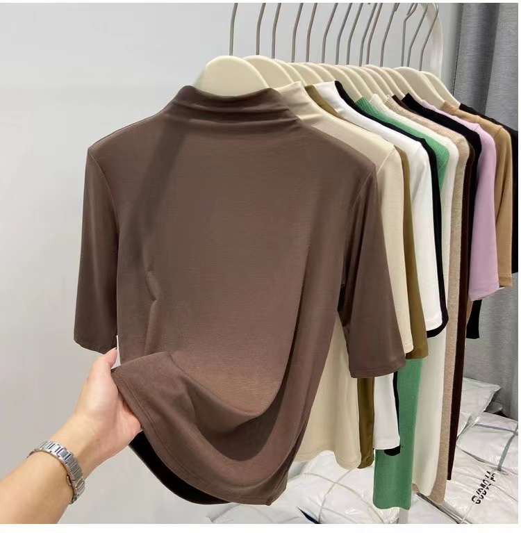 Half turtleneck bottoming shirt for women 2024 spring new style five-quarter sleeve Korean style slim solid color mid-sleeve bottoming T-shirt top