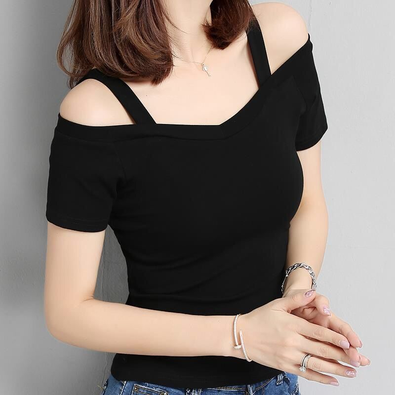 夏季韓版露肩吊帶短袖T恤女一字領