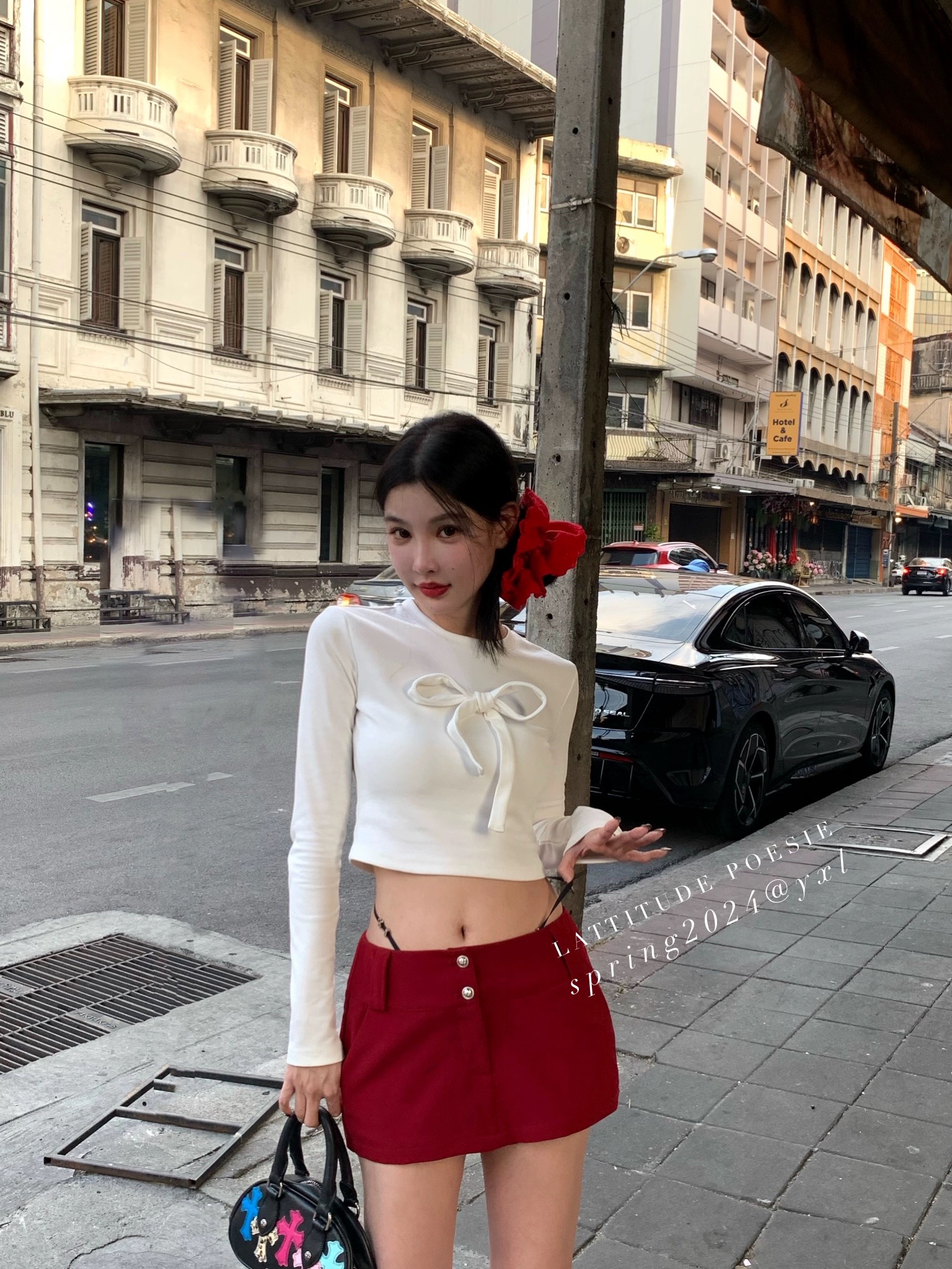 LATTITUDE/Yang Xiaolu 3D three-dimensional bow white basic short T-shirt for women
