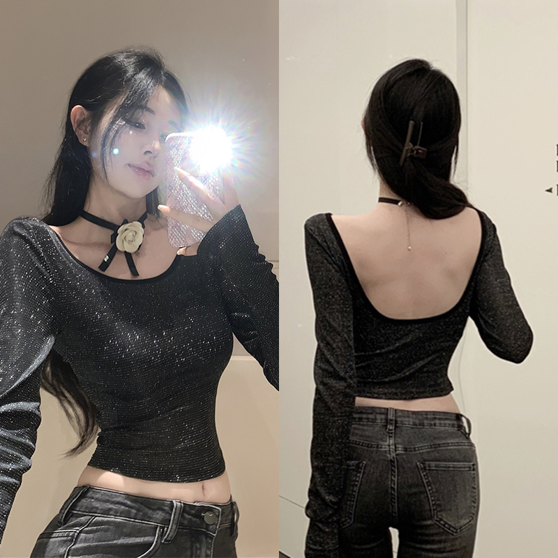 Real shot of bright silk backless T-shirt for women spring new Hong Kong style chic short long-sleeved hot girl top